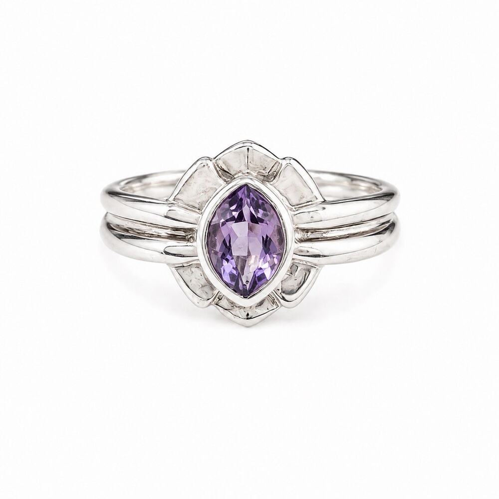 925 Sterling Silver Marquise Cut Art Deco Purple Amethyst Ring Size 8